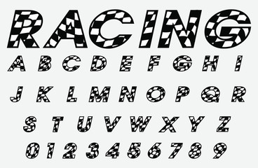 Checkered letter font and number, Speed racing font design decoration.