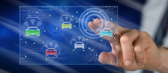 Man touching a smart car concept