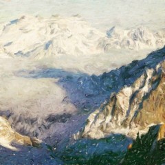 Fototapeta premium Digital mountains view oil painting with real brush strokes effect. Contemporary impressionism mixed style wall art print. Power of nature scene. Vacation postcards and prints design. Beauty artwork.