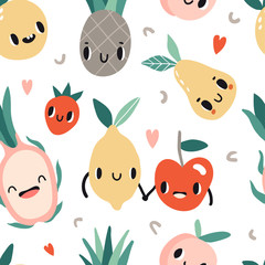 Seamless pattern with cartoon smile fruits characters