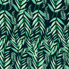 Naklejka na ściany i meble Seamless pattern with watercolor hand painted leaves foliage inspired by garden greenery and plants on dark background. Hand painted floral background for fabric textile or wallpaper.