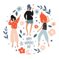 Happy Women's Day. Vector template with cute dancing girls, leaves and flowers. Spring greeting card, poster design for International Women's Day 8 March holiday. Flat hand drawn doodle illustration