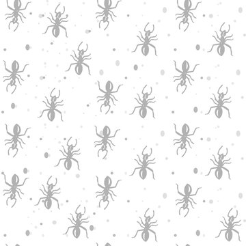 vector hand-drawn gray ants on a light white background, seamless pattern with bread crumbs and sand.