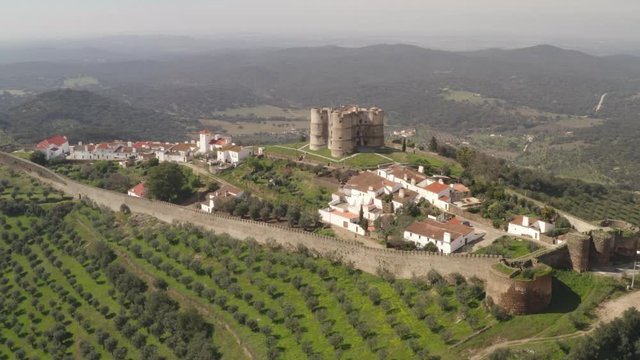 Aerial drone view of Evoramonte and castle in Alentejo, Portugal