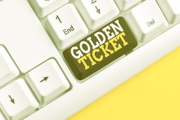 Word writing text Golden Ticket. Business photo showcasing Rain Check Access VIP Passport Box...