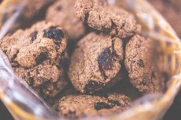 Close up of handmade chocolate chip cookies.