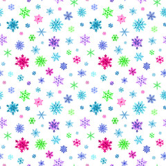 Seamless pattern of multi-colored snowflakes on a white background, watercolor illustration, Christmas background.