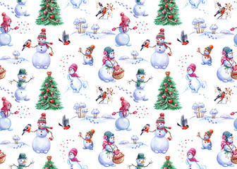 Seamless pattern of snowmen, bullfinches and Christmas unity with hearts. Christmas pattern, background for paper, fabric and other New Year's designs.
