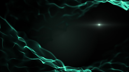 Abstract web background. Green waves on black backdrop. Light blurred white blick is inside the waves.