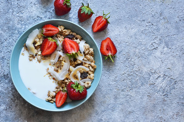 Classic breakfast - granola, coconut chips, Greek yogurt and strawberries in a beautiful plate on the kitchen table. View from above.