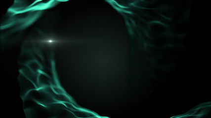 Abstract web background. Green waves on black backdrop. Light blurred white blick is inside the waves.