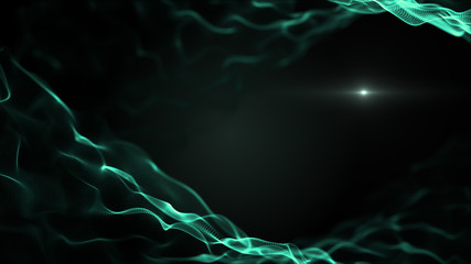 Abstract space interwoven background. Green waves on black backdrop. Light blurred white blick is inside the waves.