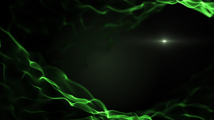 Abstract fluid, liquid background. Bright green shapes on black backdrop. Light blurred white blick is inside the waves.
