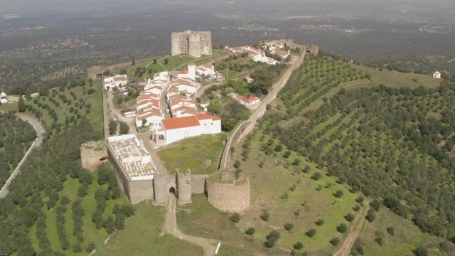 Aerial drone view of Evoramonte and castle in Alentejo, Portugal