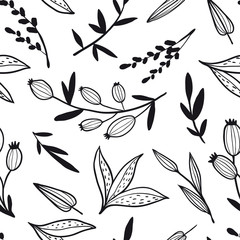 Vector seamless pattern with black hand drawn flower