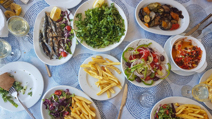 food plates on a table top view greek food on summer greece