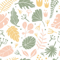 Tropical flowers and leaves seamless pattern