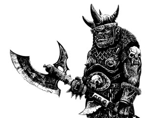 Orc with ax. Fantasy black white drawing. Barbarian creature illustration.