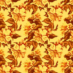 Hibiscus flower seamless pattern, watercolor illustration.