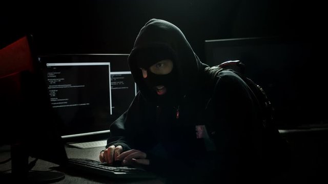 Hacker Robber Stealing Data on a Computer