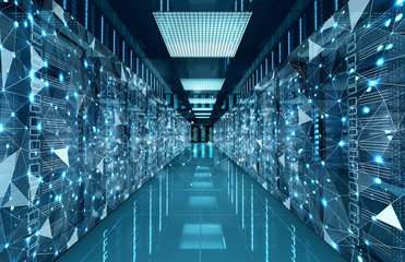 Connection network in servers data center room storage systems 3D rendering