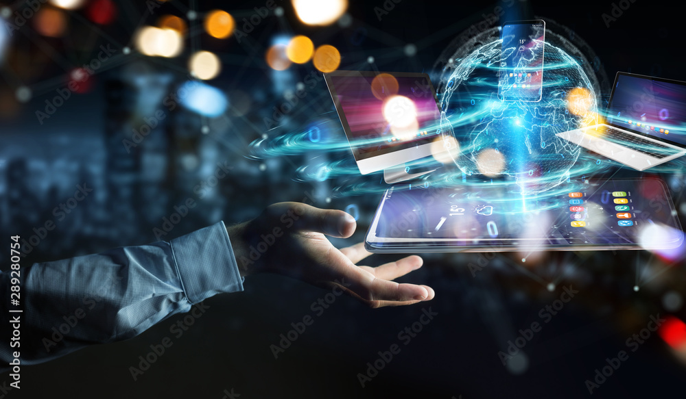 Aufkleber modern devices connected in businessman hand 3d rendering