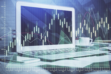 Multi exposure of forex graph and work space with computer. Concept of international online trading.