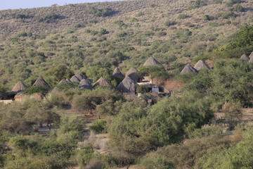 Fototapeta premium Tharparkar Sindh, Pakistan - March, 2019: View of Green Thar Desert Poor hut house, Women Children Colourful Dress, Barren land Drought in Thar Desert