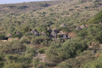 Fototapeta premium Tharparkar Sindh, Pakistan - March, 2019: View of Green Thar Desert Poor hut house, Women Children Colourful Dress, Barren land Drought in Thar Desert