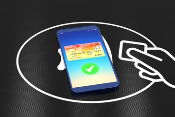 3d illustration: The technology of wireless payment of purchases. Orange credit card on mobile phone screen with a green checkmark confirming the transfer. The device lies on an acceptance module.
