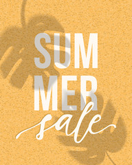 Vector summer sale banner design with realistic shadows of monstera leaves on sand background. Illustration with trendy transparent shadow overlay effect.