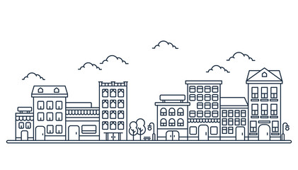 City skyline in line art style, Landscape with houses, trees and clouds in white background for real estate and property banner