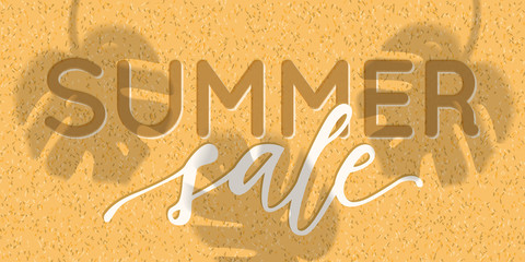 Vector summer sale banner design with realistic shadows of monstera leaves on sand background. Illustration with trendy transparent shadow overlay effect.