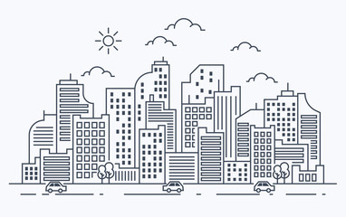 Illustration of urban landscape with cars on white background