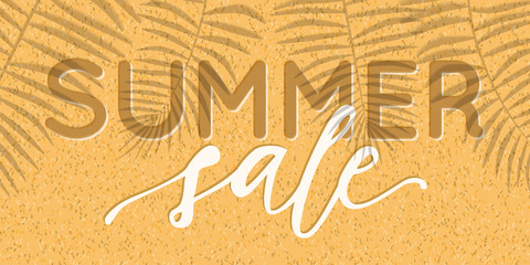 Vector summer sale banner design with realistic shadows of palm leaves on sand background. Illustration with trendy transparent shadow overlay effect.