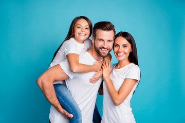 Foster family spending sunny weekend playing outdoor games wear casual outfit isolated blue...
