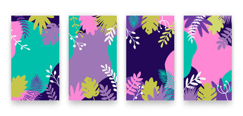 Vector set of modern abstract summer backgrounds with monstera and palm leaves and plants, copy space for text. Trendy vibrant templates for social media stories, banners, posters, cover design