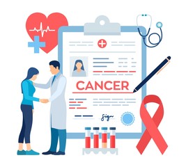 Medical diagnosis - Cancer. Doctor taking care of patient. Detecting and Diagnosis of Oncological Disease. Cancerous Malignant Tumor. Chemotherapy. Breast Cancer Awareness Ribbon. Vector illustration.