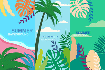 Fototapeta na wymiar Set summer tropical template backgrounds stories with palms, sky and sunset