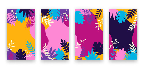 Vector set of modern abstract summer backgrounds with monstera and palm leaves and plants, copy space for text. Trendy vibrant templates for social media stories, banners, posters, cover design