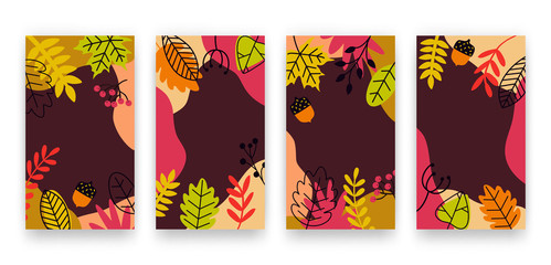 Vector set of modern abstract autumn backgrounds with oak and marple leaves, acorns and plants, space for text. Trendy vibrant templates for social media stories, banners, posters, cover design