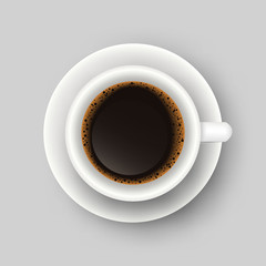 Vector realistic illustration of coffee cup. Top view of realistic hot morning beverage. 3d template of mug with espresso for cafe menu design, banner, poster