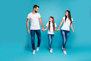 Full body photo of daddy mommy and small lady walking down street to zoo wear casual outfit isolated blue background