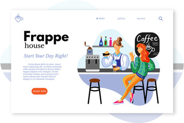 Frappe House landing page layout. Coffee break, lunch flat vector illustration isolated on white background