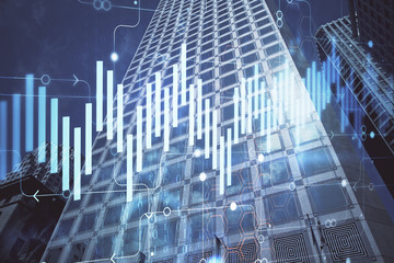 Forex chart on cityscape with tall buildings background multi exposure. Financial research concept.