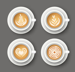 Vector set with realistic white cups with coffee. Collection of Latte art top view