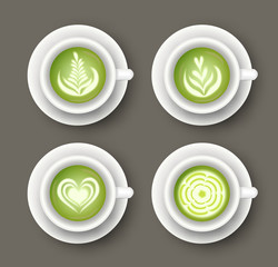 Vector set with realistic white cups with matcha latte drink. Top view of healthy hot green beverage. 3d template of mug with tea for cafe menu design, banner, poster