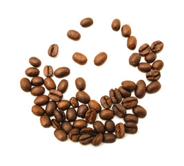 Roasted coffee beans isolated on white background.