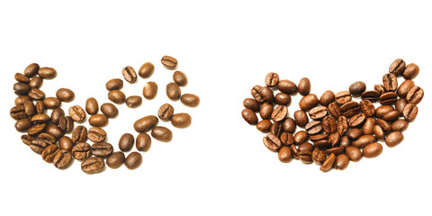 Roasted coffee beans isolated on white background.