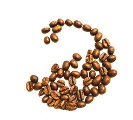 Roasted coffee beans isolated on white background.
